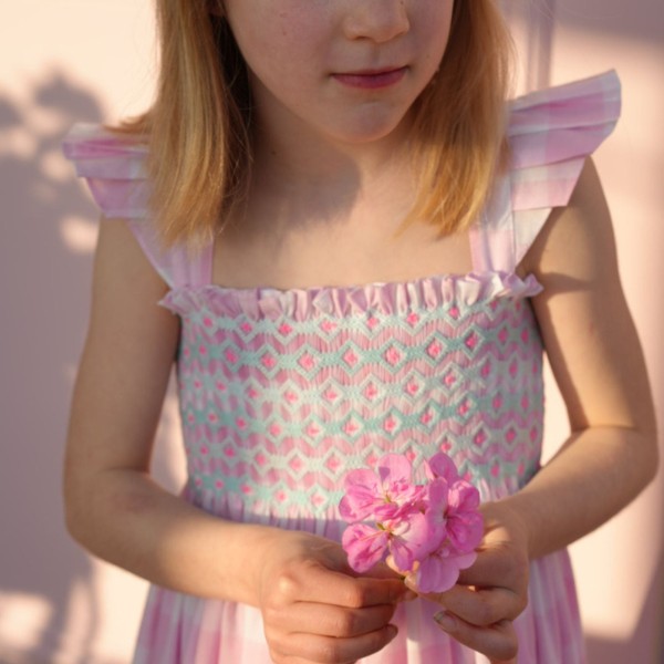 Rachel Carson Girls Dress Candy Floss Gingham with Spearmint Hand Smocking