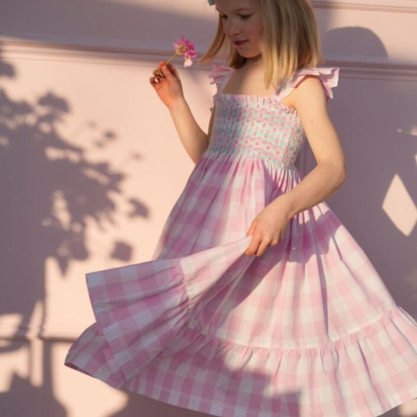 Rachel Carson Girls Dress Candy Floss Gingham with Spearmint Hand Smocking