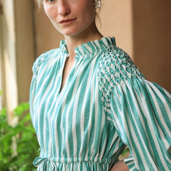 Aloha Wanderwell Dress Wimbledon Stripe with White Honeycomb Hand Smocking