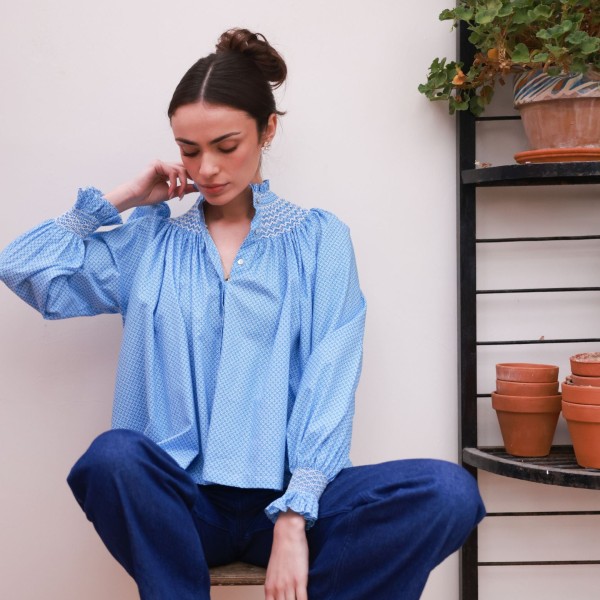 Pom x Smock London Scholl Blouse Paperwhite Ditsy with Snowdrop Hand Smocking Edition 61